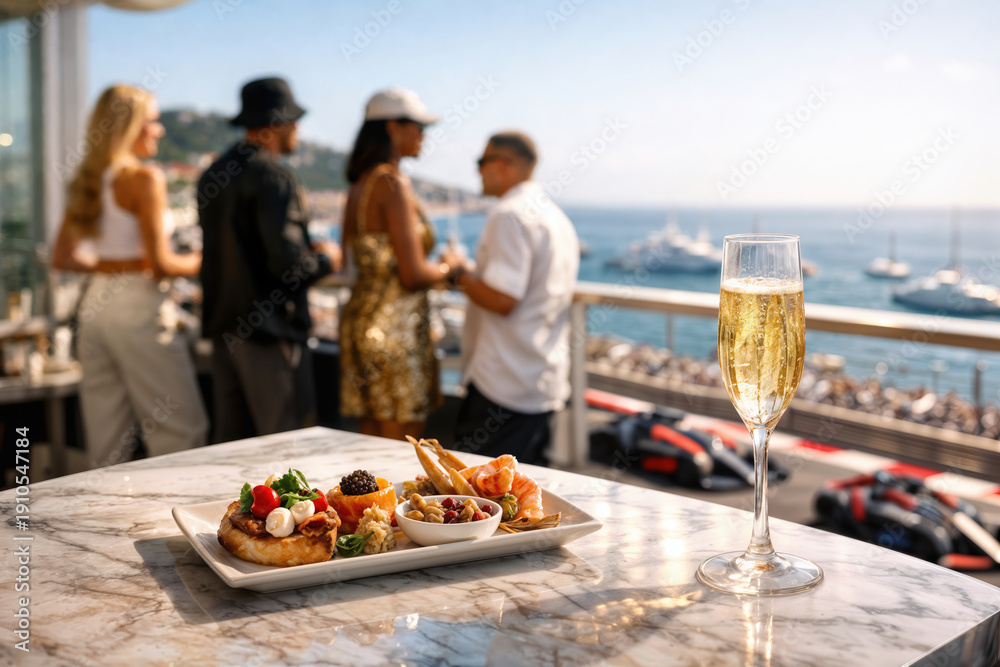 Fototapeta premium Monaco paddock club luxury hospitality champagne glass and gourmet appetizers on marble table overlooking coastal Formula 1 race track VIP guests