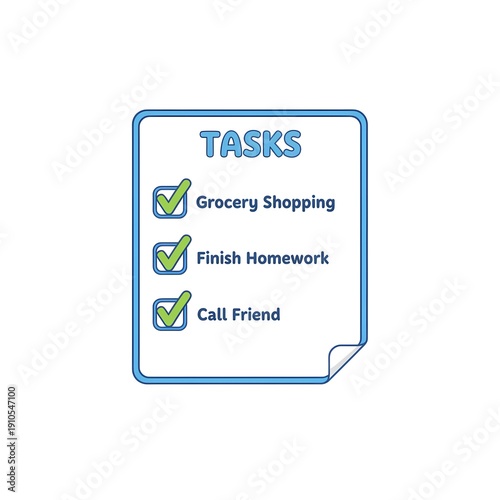 Checklist icon showing completed tasks for grocery shopping homework and calling a friend