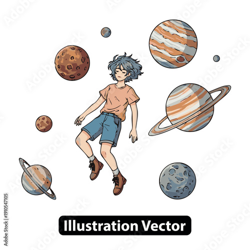 A young boy floating among planets in a vibrant, cartoon-style illustration of space scene