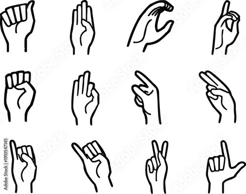 Vector collection of hand gestures in sign language showcasing various finger positions and movements