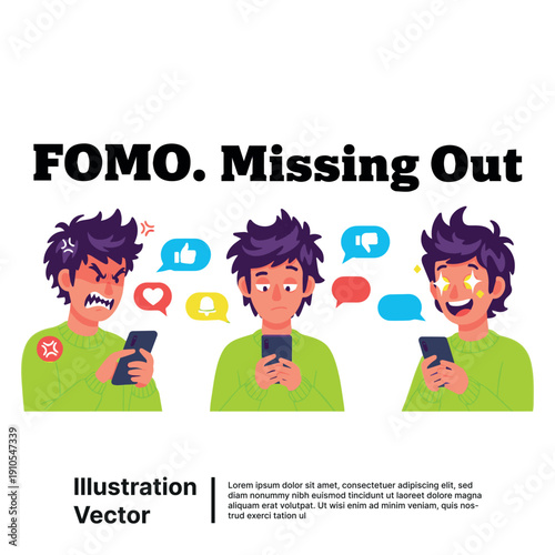 A young man experiences fear of missing out while intensely using mobile phone in daily life scenarios and social media interactions