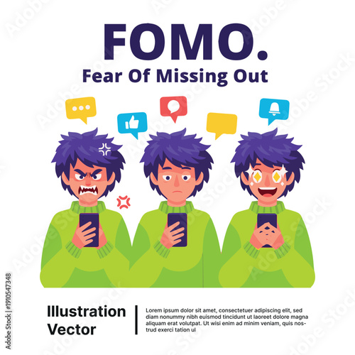 Three cartoon men experiencing anxiety from excessive social media usage and fear of missing out on digital interactions online