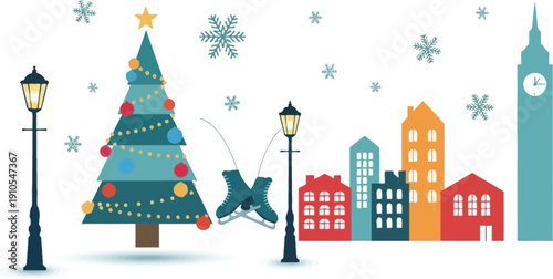 A whimsical winter city illustration depicts a festive Christmas tree, glowing street lamps, ice skates, falling snowflakes, and a charming cityscape silhouette with a prominent clock tower.