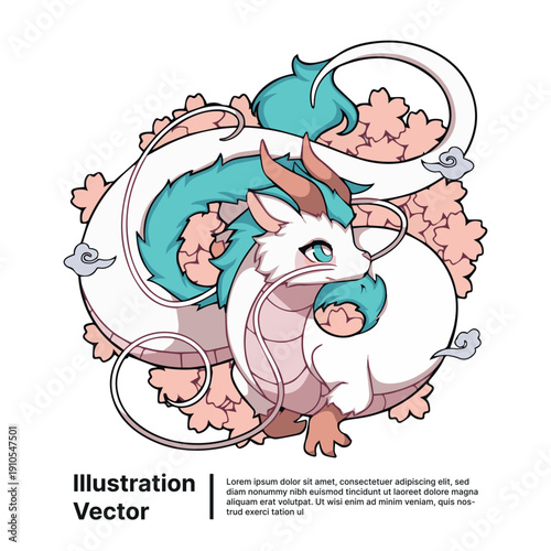 A stylized illustration of a white dragon with teal mane surrounded by swirling floral patterns and abstract shapes in a circular frame