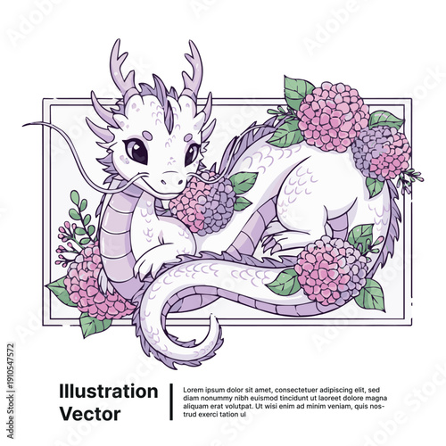 A whimsical dragon surrounded by flowers in a square frame illustration from a front viewpoint