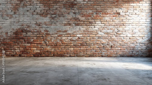 Empty room with weathered red brick wall. Industrial interior design background for product display. Loft style architecture with concrete floor.