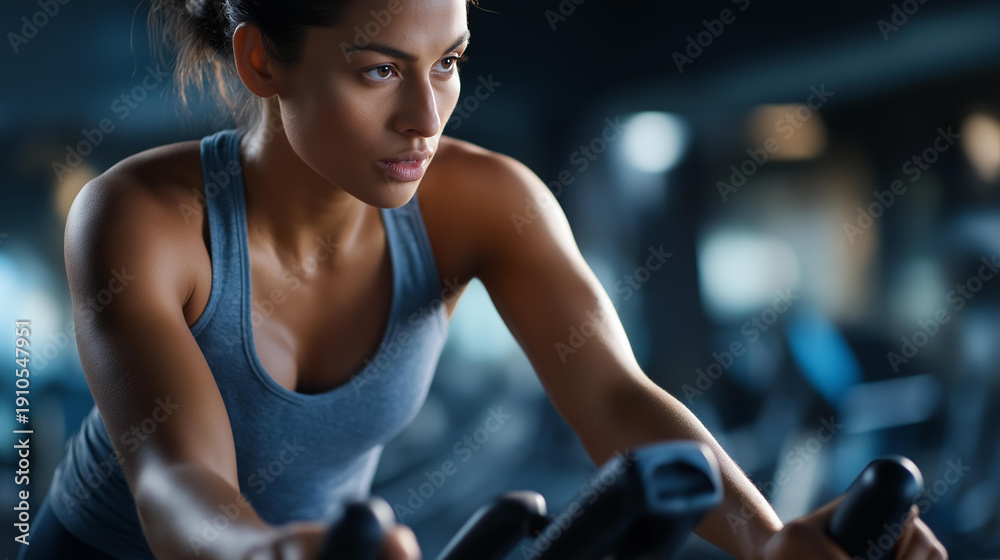 Fototapeta premium Exercise bike intense and power with woman in gym, cardio training or physical workout, fitness sports wellness, fierce athlete in health club, defocused background, with copy space