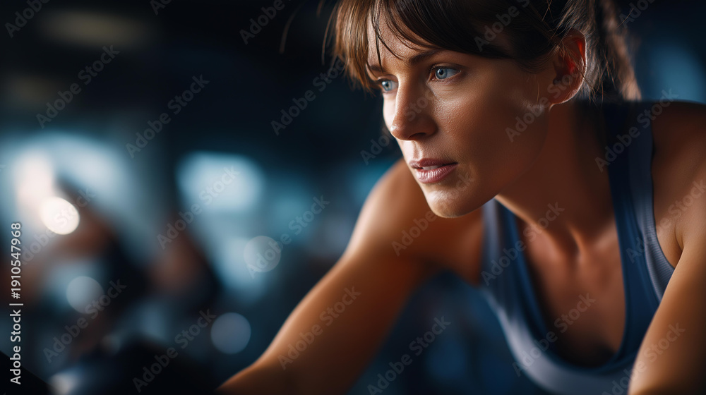 Fototapeta premium Exercise bike intense and power with woman in gym, cardio training or physical workout, fitness sports wellness, fierce athlete in health club, defocused background, with copy space