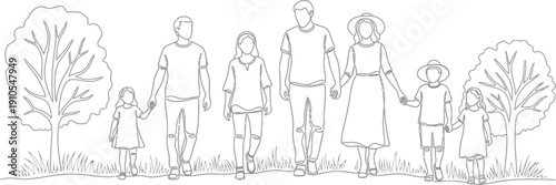 A large family group of seven people, including adults and children, walks together outdoors in a minimalist line art style.