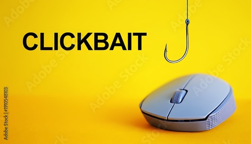 Clickbait concept with fishing hook hanging above wireless computer mouse on bright yellow background, bold typography message for online marketing and internet trap ideas
