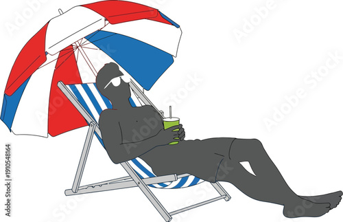 Person wearing sunglasses relaxes comfortably in a striped deck chair under a red and blue beach umbrella, holding a refreshing green drink, embodying a peaceful vacation experience.