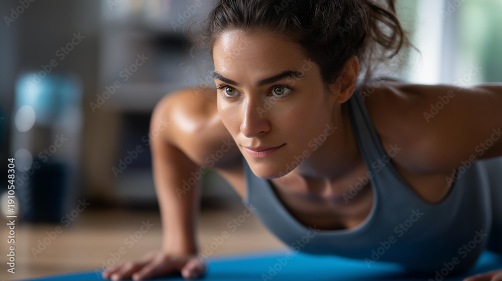 Fototapeta premium Woman performing push-ups on blue mat, bodyweight exercise demonstration, home fitness routine, floor workout activity, strength training session, defocused background, faceless interaction,