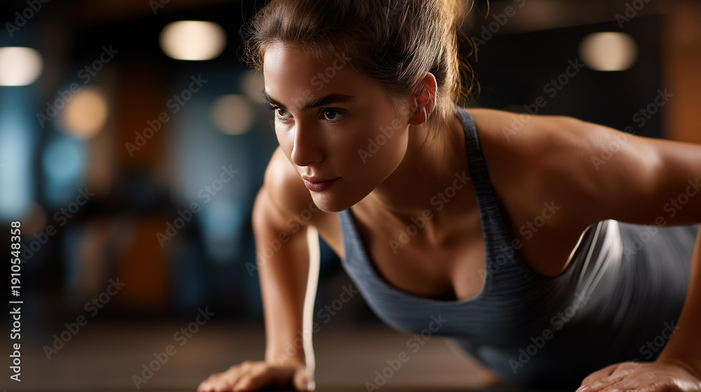 Fototapeta premium Woman doing push-ups in gym, strength training exercise, female fitness routine, bodyweight workout performance, athletic training session, muscle building activity, defocused background, with