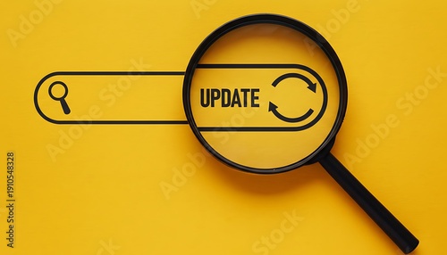 Magnifying glass with update icon and search bar on yellow background symbolizing software updates featuring technology, digital concept, black graphics with user interface and UI design elements for