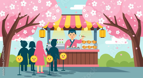 This vibrant flat design illustration captures a lively Japanese street food vendor serving popular snacks like dango amidst blooming cherry blossom trees during a bustling hanami festival.