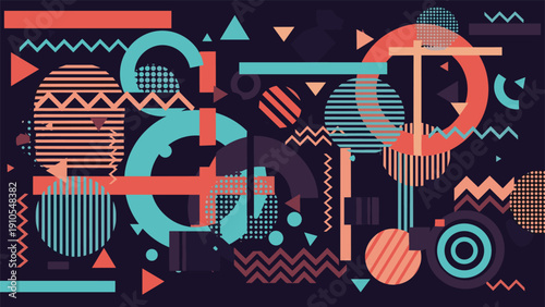 Dynamic abstract geometric background filled with colorful circles, triangles, stripes, and dots in a complex modern arrangement.