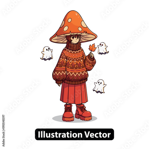 A cartoon character wearing a mushroom hat and orange skirt surrounded by ghosts in a fantasy setting illustration