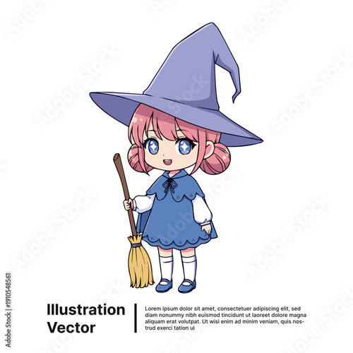 A cartoon witch in a blue dress and hat holding broomstick illustration