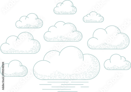 White fluffy clouds with a distinctive hand-drawn, sketchy outline texture float across a bright sky, accompanied by subtle wavy lines suggesting reflections or a body of water below.