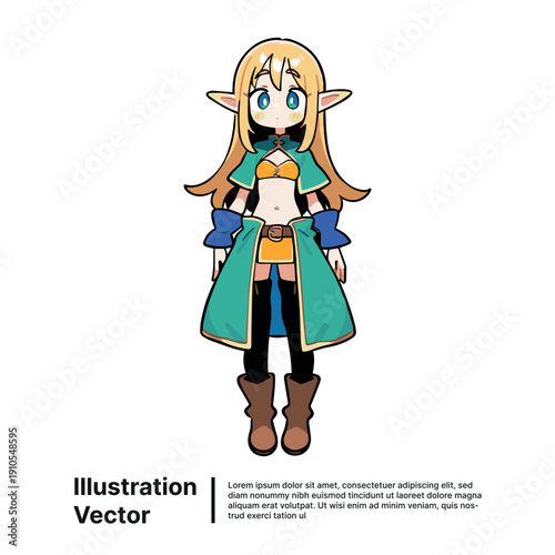 Cartoon elf female character illustration with vibrant outfit standing alone in vector graphic style