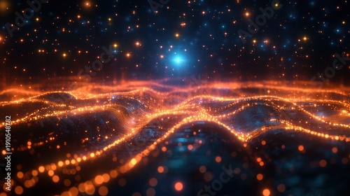glowing orange and blue digital wave landscape with sparkling particles and starry background evoking wonder and futuristic energy