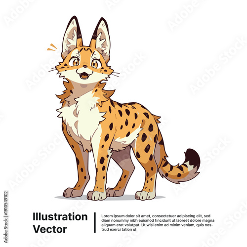 A cartoon lynx standing on its hind legs with a surprised expression, full body illustration, studio background, front view