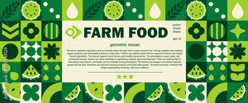 PriAbstract farm mosaic with geometric fruit shapes and agriculture leaf pattern.