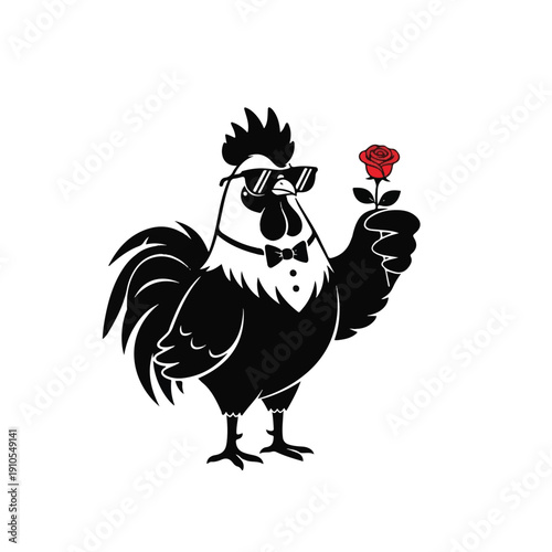 Stylish Rooster Wearing Sunglasses Holding Rose.