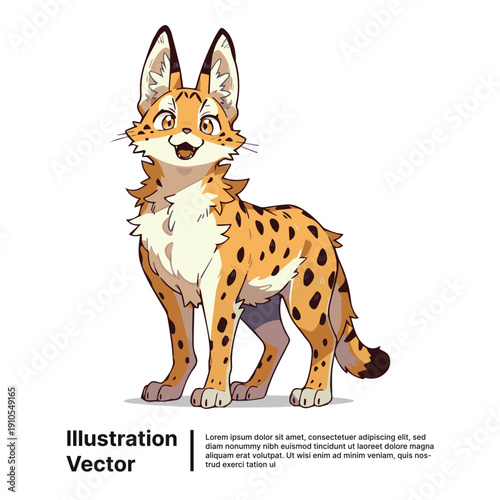 Illustration of a cartoon lynx standing with an open mouth expression, showcasing fur texture and spotted fur pattern details