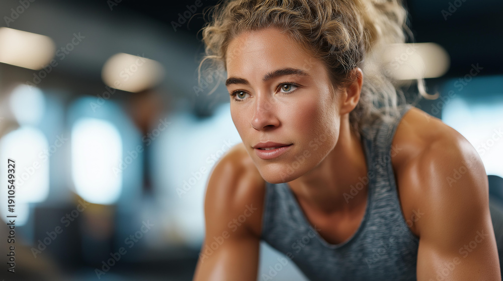 Obraz premium Strong body woman workout session, female fitness training, athletic exercise activity, muscle strength development, health and wellness routine, gym environment, defocused background elements,