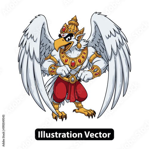 Mythical creature with large wings and royal attire standing heroically on one leg viewed from front