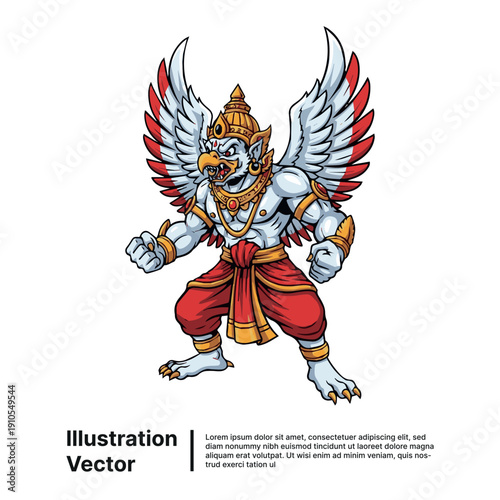 Illustration of a mythical creature with wings and traditional attire in a dynamic pose