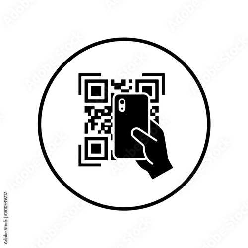 QR Payment Round Sign for Laundromat, Black Silhouette Icon

