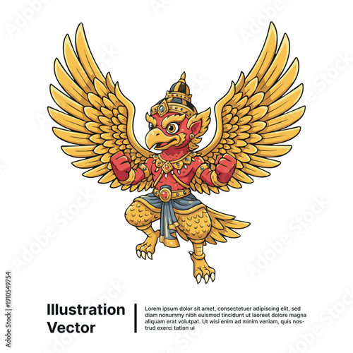 Mythical creature Garuda illustration with outstretched wings and regal attire in traditional Thai art style vector