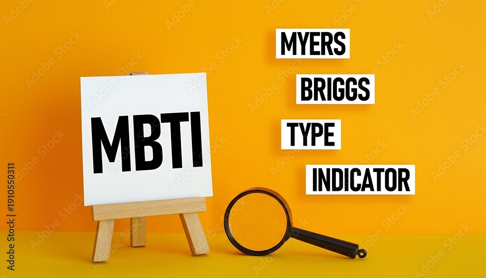 Obraz premium Magnifying glass near easel with Myers Briggs Type Indicator sign on bright orange background featuring MBTI, personality test, psychology with psychological assessment and self-discovery elements