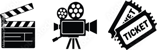 Cinema, movie industry vector icons including clapperboard, film camera and theater tickets set