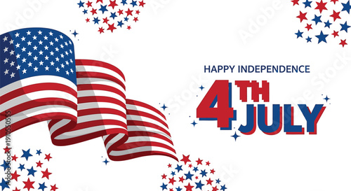 American flag waving with 4th of July text and stars, patriotic vector illustration for Independence Day banner or poster, isolated on transparent background, png