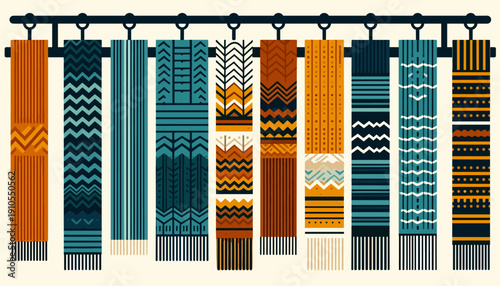Minimalist illustration of colorful winter scarves hanging on display at a fair booth, Colorful winter scarves at fair booth