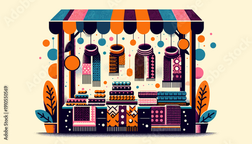 Flat design illustration of a fair booth with colorful winter scarves and accessories, Colorful winter scarves at fair booth