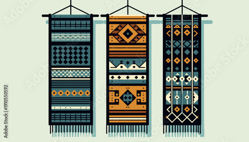 Minimalist illustration of colorful winter scarves hanging on display at a fair booth, Colorful winter scarves at fair booth