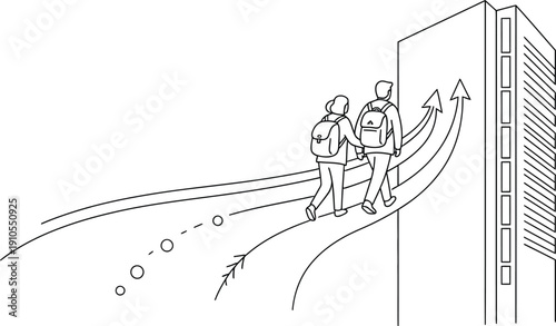Two people with backpacks walking on a winding path towards a modern building, with upward arrows indicating progress and future growth in a corporate setting.