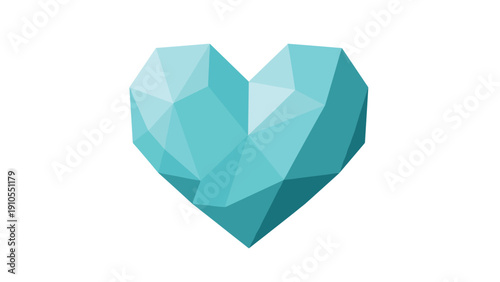 Low poly geometric heart illustration in shades of blue and turquoise isolated on a plain white background for design.
