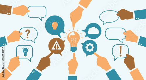 Collaborative brainstorming with diverse hands pointing to lightbulb ideas and speech bubbles