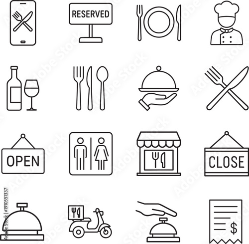 Restaurant related thin icon set in black and white style for food service design use.