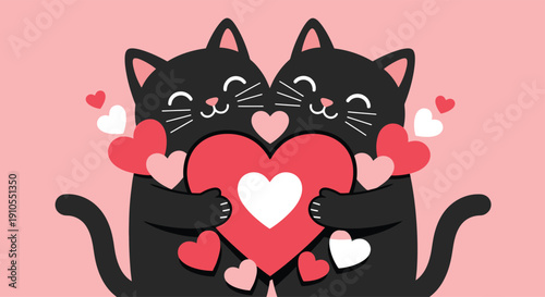 Two black cats hugging a red heart with surrounding love hearts