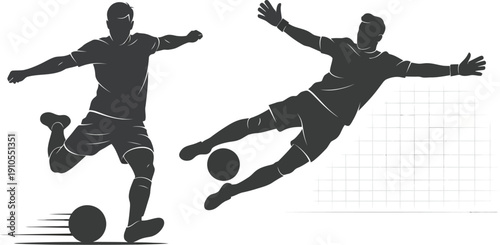 Soccer player silhouettes depict dynamic action, with one athlete kicking a ball and another in a diving save pose, rendered as a striking graphic against a clean white background.