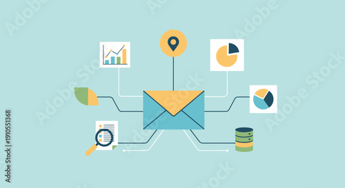 Envelope with data connections to charts, location pin and databases