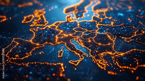 Aerial view of a glowing digital map of Europe with illuminated borders, scattered city lights and islands on a deep blue sea, a futuristic vibrant network visualization
