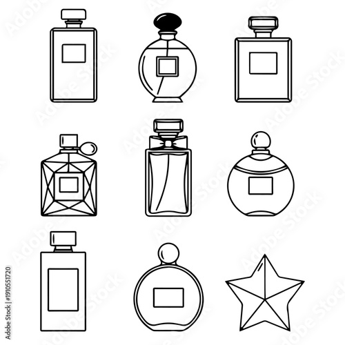Perfume packaging line icons set.
Minimal black outline vector collection of perfume bottles and fragrance packaging. Includes classic and modern perfume flacons, spray bottles, luxury and minimalist 