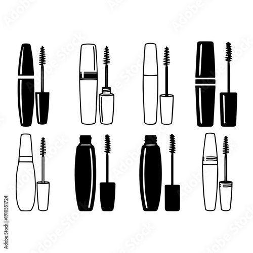 Mascara packaging line icons set.
Minimal black outline vector collection of mascara tubes and eye makeup packaging. Includes classic mascara bottles, open and closed tubes with applicator brush. Clea